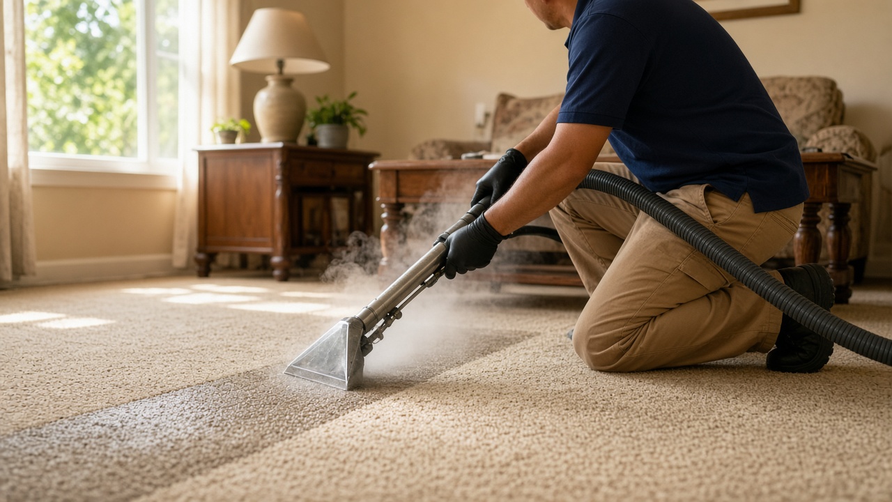 Steam wand extracting soil from carpet in a San Antonio living room